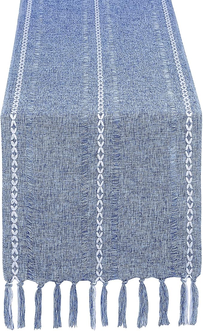 Rustic Farmhouse Style Linen Table Runner, Boho Handmade Tassel Hemstitched Embroidered Table Runners 60 Inches Long for Holiday Party, Dresser and Dining Decorations, 13 x 60 inch - Blue