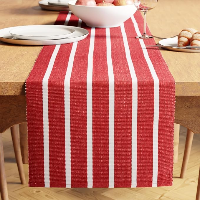 Encasa XO Dining Table Runner 13"x98" | Yarn Dyed Fine Ribbed Cotton | Roma Red Stripes | Machine Washable