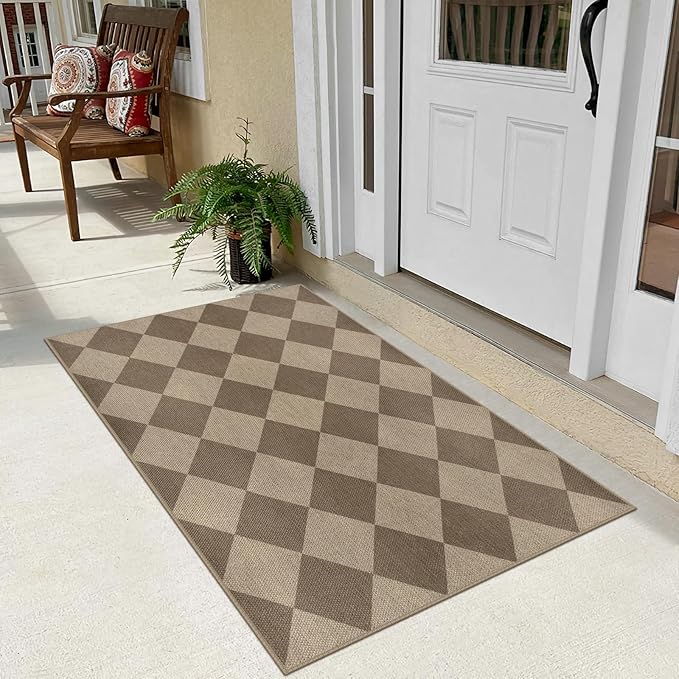 Rugalia Easy Jute Checkered Entryway Rug, 2.6x4 Brown Modern Indoor Outdoor Doormat, Washable Non-Slip Neutral Kitchen Rug Farmhouse Diamond Throw Rugs for Entrance Bedroom Bathroom