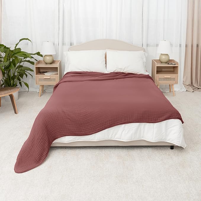 Comfy Cubs Muslin Blanket for Adults Queen 90" x 90" - 6 Layer Soft, Breathable & Lightweight Muslin Adult Blanket - Machine Washable & Designed in The US Bedding for All Seasons - Wine