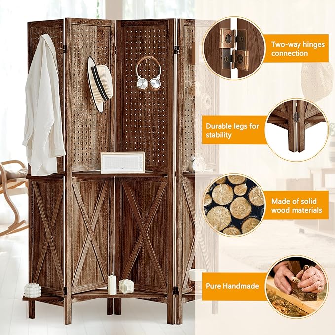 4 Panel Pegboard Display with 16 Hooks, Wooden Pegboard Room Divider Wall with Shelf, Partition Room Dividers and Folding Privacy Screens, Bedroom, Jewelry Store, Brown