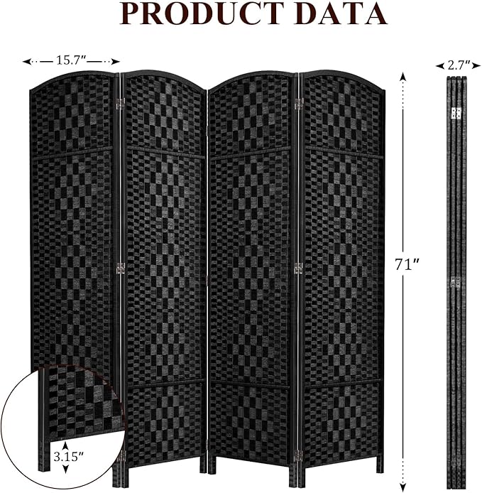 HALLYBEE Room Divider, Room Dividers and Folding Privacy Screens, 16in Privacy Screen, 4 Panel Temporary Wall Partitions, 6ft Space Separation Panel Screen, Black