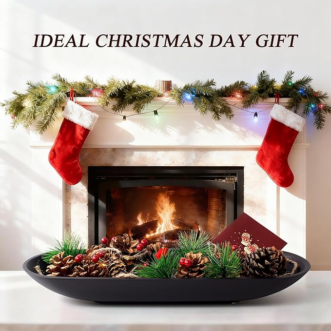 LIN CHUAN Large Decorative Bowl for Home Decor - Long Dough Bowl with Anti Slip Base for Table Centerpieces - Black Minimalist Design Dough Decor Bowl for Coffee Table, Dining Table Centerpiece