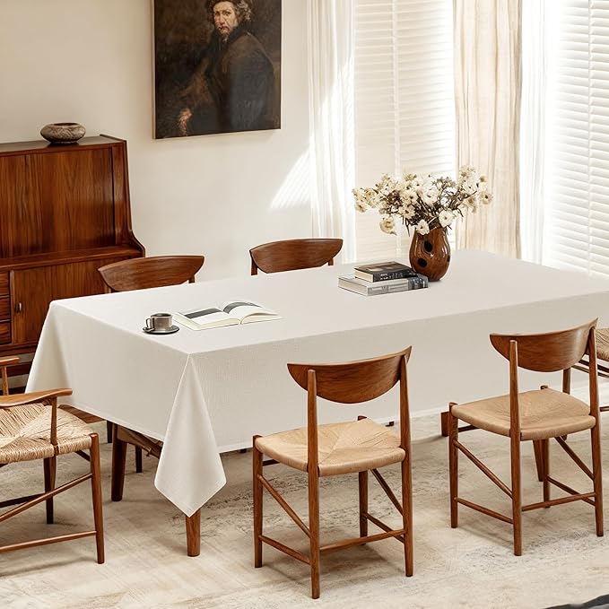 Beige Linen Square Tablecloth Neutral Wrinkle-Proof Faux Burlap Table Clothes for Dining 55 x144
