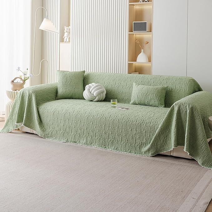 DREAMINGO Bubble Textured Cooling Sofa Cover, Ice Silk Breathable Couch Cover Blanket for Pet & Hot Sleepers, Washable Furniture Protector for 2 Cushion Couch, Sage Green, Large 71"x118"