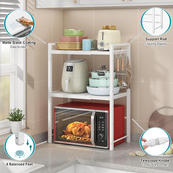 DOLALIKE Microwave Oven Rack, Expandable Microwave Stand Kitchen Countertop Organizer Utensils Storage, Carbon Steel Over Microwave Shelf with 3 Hooks (White, 3 Tier)