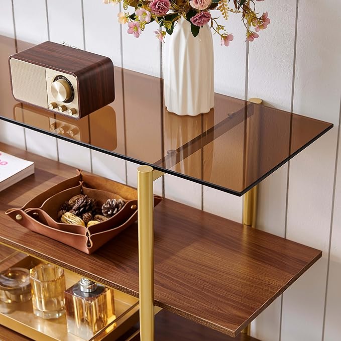 LumFurn Glass Console Table for Living Room, Foyer & Entryway, L41 x W14 x H31 Inch, 3-Tier Mid-Century Modern Sofa Table with Amber Glass Top, Walnut Finish Wood Shelf and Gold Finish Frame
