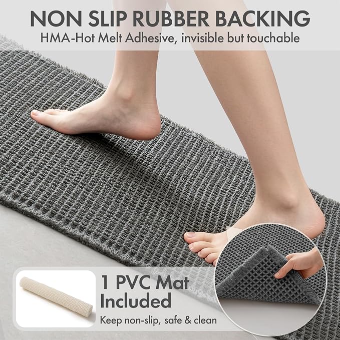 MIULEE Waffle Bathroom Runner Rugs, Super Absorbent Non Slip Bath Rug, Upgraded Soft Quick Dry Washable Boho Long Bath Mat with Tassels for Hallway Laundry Room Bedroom, 2'x6' (24"x72"), Dark Grey