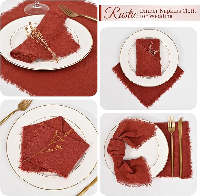 50 Pack Terracotta Napkins Cotton Linen Napkins Bulk 16 x 16 Inch Fall Cloth Napkins with Fringe Rustic Handmade Napkins Cloth Washable Dinner Napkins Cloth for Wedding Party Bridal Shower