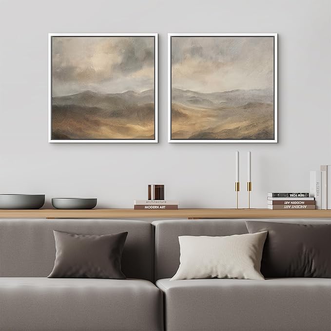 SIGNFORD Framed Canvas Print Wall Art Set Neutral Toned Mountain Landscape Abstract Earthy Illustrations Modern Art Minimal Relax/Calm for Living Room, Bedroom, Office - 24"x24"x2 White