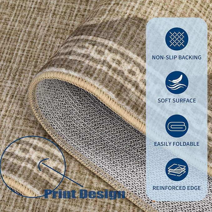 GarveeHome Washable Rugs 5x7 Rug for Living Room, Scalloped 5 x 7 Rug Solid Tan Jute Digital Printing Modern Low-Pile Carpet for Bedroom Dining Nursery Non Slip Mat with Rubber Back