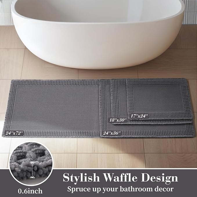 RESARE Waffle Bath Mat for Bathroom, Super Absorbent Bathroom Rugs Non Slip Machine Washable, Ultra Soft Quick Dry Boho Bath Rugs with Tassels, Farmhouse Home Decor Accessories, 18"x30" Dark Grey