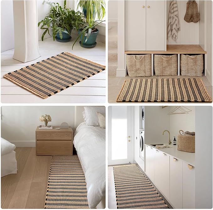 TYUU Waffle Bath Mat, Boho Bathroom Rugs Non Slip Washable Super Absorbent Quick Dry Bath Mat Farmhouse Bathroom Decor, 48"x24" Black and Khaki