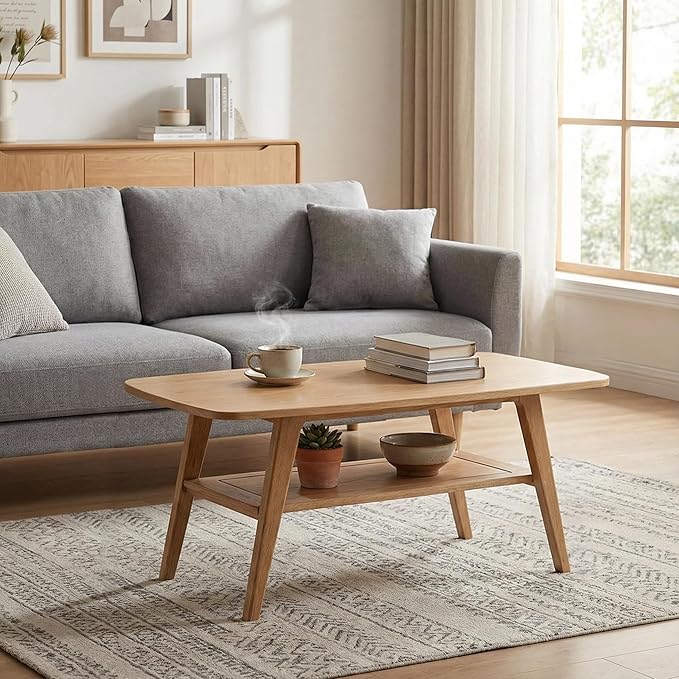 Solid Wood Coffee Table - 2-Tier Wooden Center Coffee Table with Storage Shelf for Living Room, Apartment, and Office