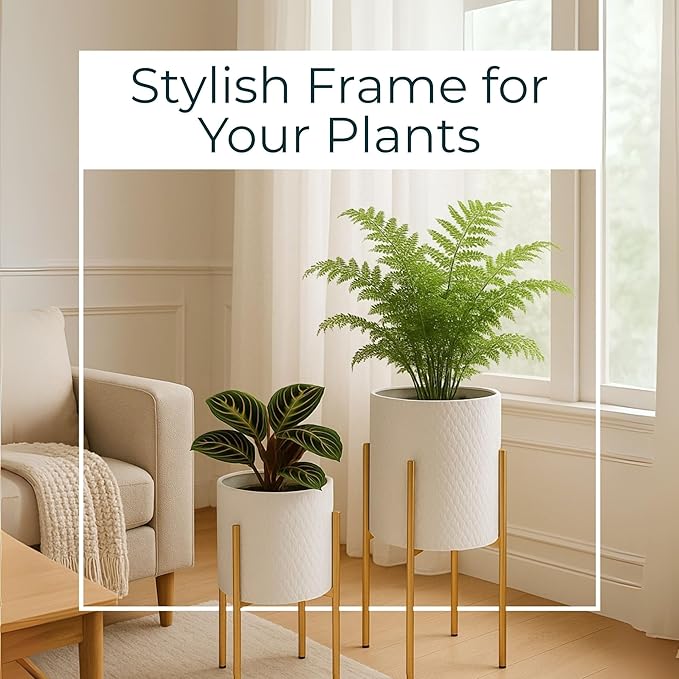 Decorative Flower Pots with Metal Stand for Home Decor - Modern Planters for Hallway, Entryway, and Living Room Decor - Indoor and Outdoor Pots for Plants - Set of 2, 23", 19", White & Gold