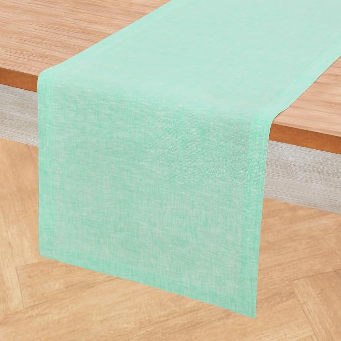 Solino Home Linen Table Runner 90 Inches Long - Athena, 100% Pure Linen Chambray Aqua Dining Table Runner 14 x 90 Inch for Summer