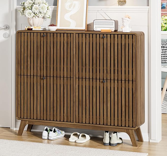 Jluomei Large Shoe Cabinet for Entryway, Bamboo Narrow Shoe Cabinet Storage with 4 Flip Drawers, Slim Fluted Shoe Rack Organizer for Entry Way, Hallway, Thin, Skinny, Wood, Walnut