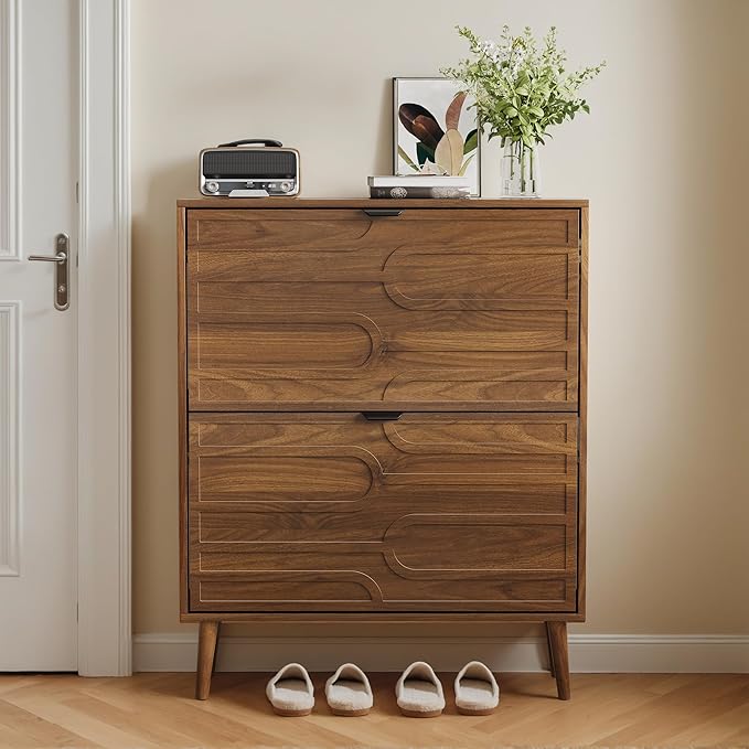 Spaco Walnut Shoe Cabinet Storage for Entryway,Narrow Shoe Organizer Cabinet with 2 Flip Drawers,Slim Shoe Rack with Solid Wood Leg for Hallway,Closet