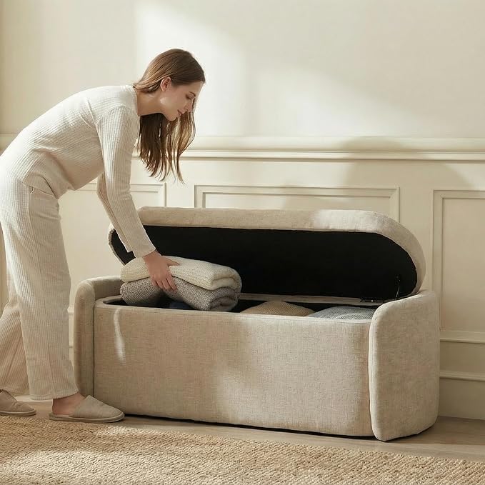 VKNOW 46" Oval Storage Ottoman Bench, Upholstered End of Bed Bench Ottomans Bench Foot Rest, Sherpa Storage Bench for Bedroom, Living Room and Hallway, Light Brown