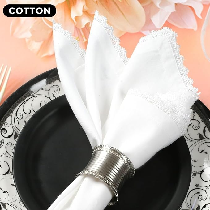 White Cotton Cloth Dinner Napkins 20x20 with Lace Trim Set of 6– Elegant Wedding & Cocktail Table Napkins, Mitered Corners, Machine Washable Fabric, Reusable,