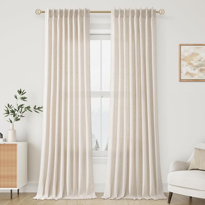 Aersas Natural Pinch Pleat Linen Curtains 102 Inch Length 2 Panels Set for Bedroom Dining Room Semi Sheer Linen Boho Farmhouse Neutral Window Curtains 102 Inches Long for Living Room Nursery 50x102