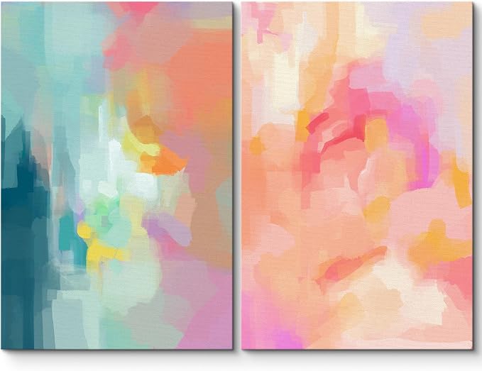 SIGNLEADER Canvas Print Wall Art Set Blue Pink Watercolor Collage Abstract Shapes Digital Art Modern Art Decorative Minimal Relax/Zen for Living Room, Bedroom, Office - 16"x24" x 2