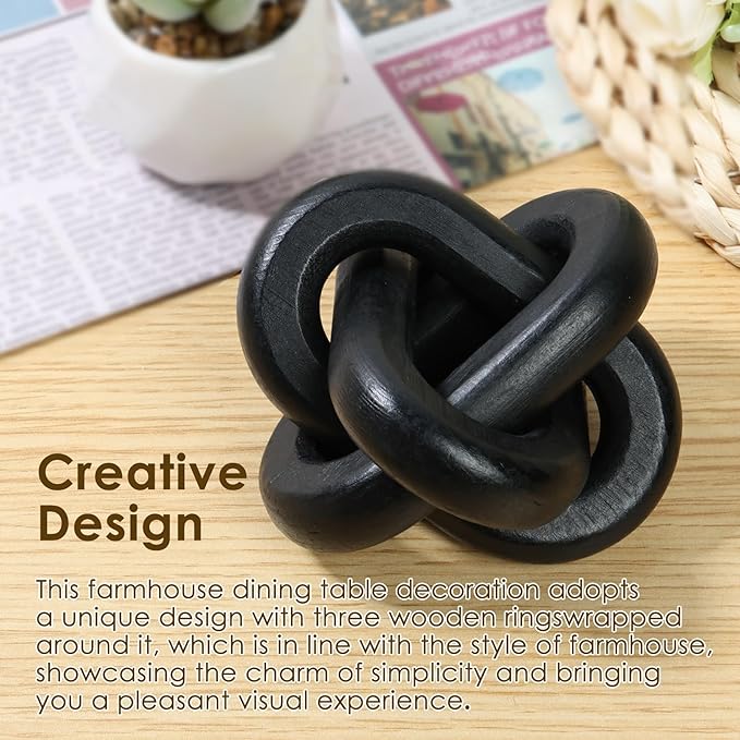 Wood Chain Link Decor 3 Link Wood Knot Decor Wood Knot Art Decorative Wooden Links Knots Rustic Wood Chain Link Decor for Living Room Bedroom Office Decorations (Black)
