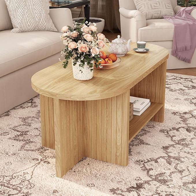 XUZENEST 43.3" Coffee Table with Storage, Oval Coffee Tables for Living Room, Farmhouse Fluted Coffee Table with Large Storage Shelf, Wood Center Table for Small Space, Natural