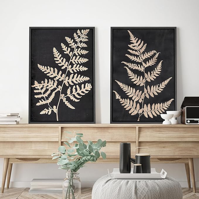 SIGNWIN Framed Canvas Print Wall Art Vintage Fern Leaf Silhouettes Natural Botanical Rustic Illustrations Modern Art Decorative Contemporary for Living Room, Bedroom, Office - 16"x24"x2 Black