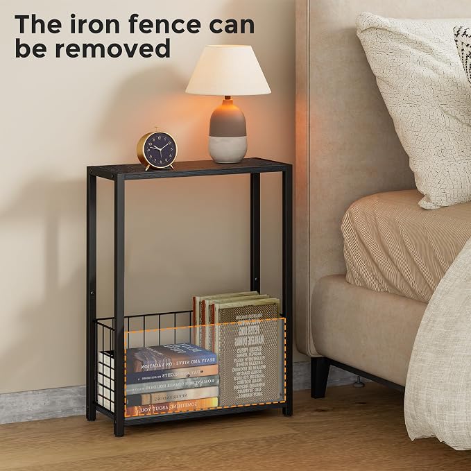 Homleke Narrow Side Table with Magazine Holder, Skinny End Table Perfect for Small Spaces, Space-Saving Design for Living Room, Bedroom, or Office, 7.1" D x 16.9" W x 23.6" H, Black