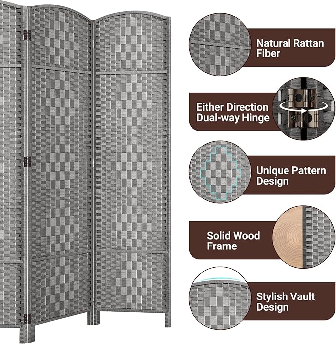 HALLYBEE Room Divider, Room Dividers and Folding Privacy Screens, 16in Privacy Screen, 8 Panel Temporary Wall Partitions, 6ft Space Separation Panel Screen, Grey
