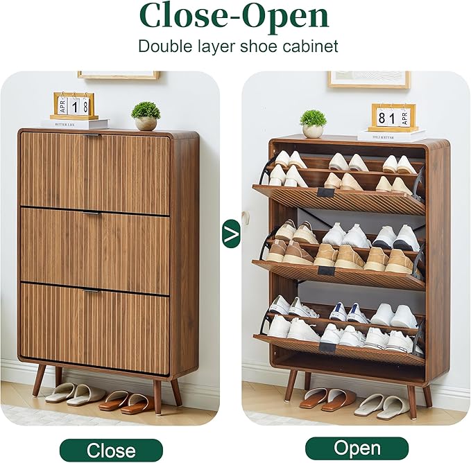 FurSch Narrow Shoe Cabinet Storage for Entryway,Slim Tall Shoe Cabinet with 3 Flip Drawers, Fluted Shoes Rack Organizer (All Walnut, 3 Drawers)
