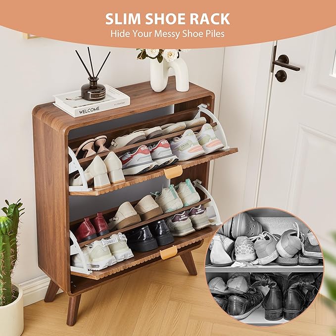 RARZOE Set of 2 Fluted Shoe Storage Cabinets for Entryway, Narrow Curved Shoe Cabinet with 2 Flip Drawers, Freestanding Wood Hidden Shoe Organizer Closed Shoe Rack Cabinet for Foyer,Hallway (Walnut)