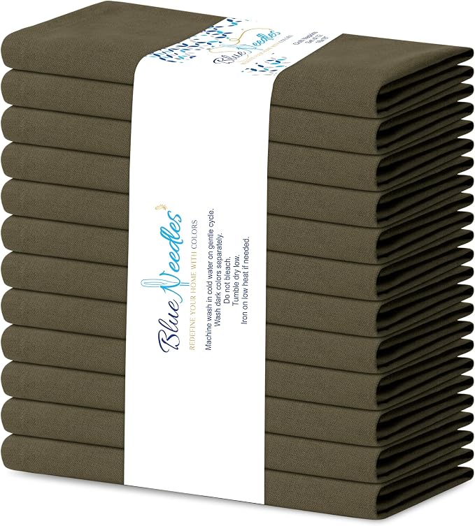 Blue Needles Solid Cloth Napkins Set of 12 Olive Green 100% Cotton Dinner Napkins 18x18 inches, Reusable, Absorbent & Washable Linen, Ideal for Wedding Events Farmhouse Parties Hotel & Everyday Use
