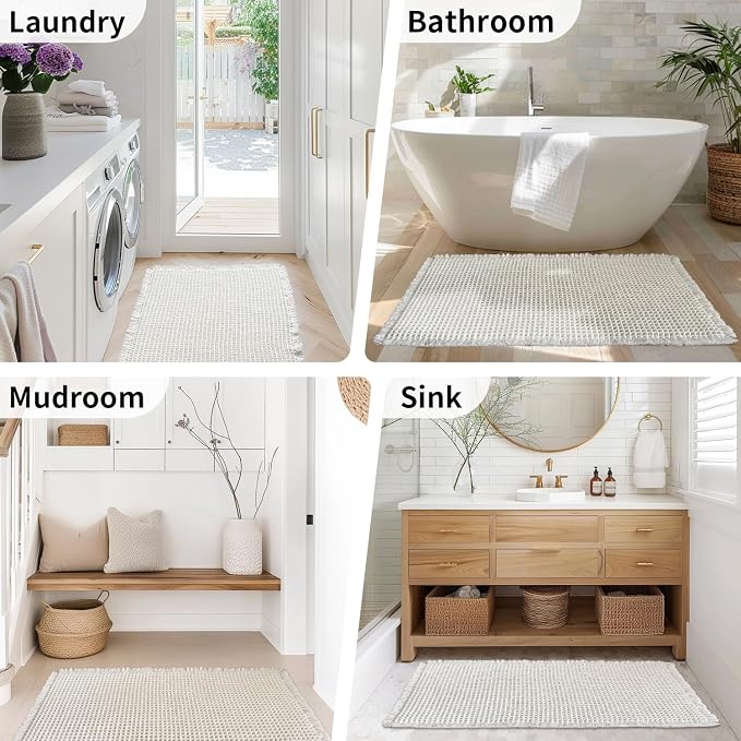 Bathroom Rugs Sets 2 Piece - Waffle Bath Mat Non Slip, Washable Bathroom Mats Absorbent Soft Boho Decor, Quick Dry Shower Mats, 2 Pack 18x30 Inch, White