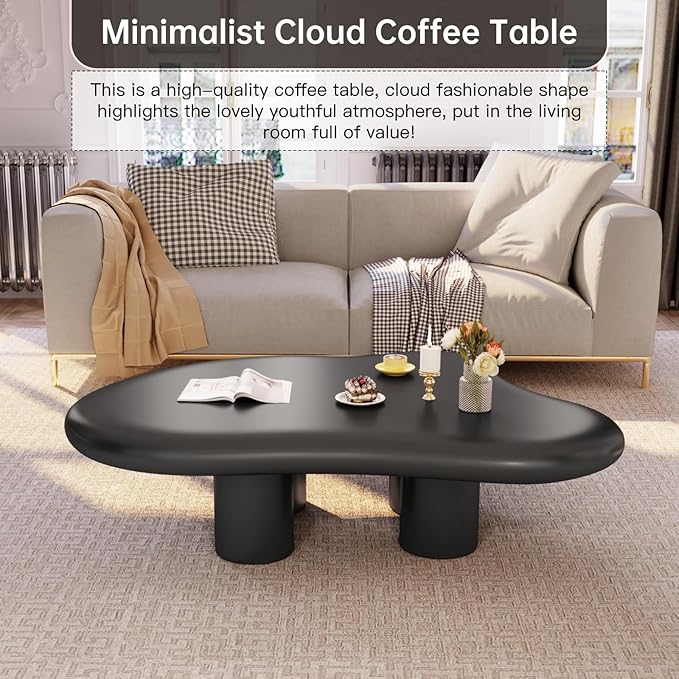 46.06" Black Large Cloud Coffee Table, Modern Round Edge Coffee Table with 4 Sturdy Support Legs and 2.67" Thick Tabletop,Easy Match for Living Room, Bedroom, Balcony,Patio
