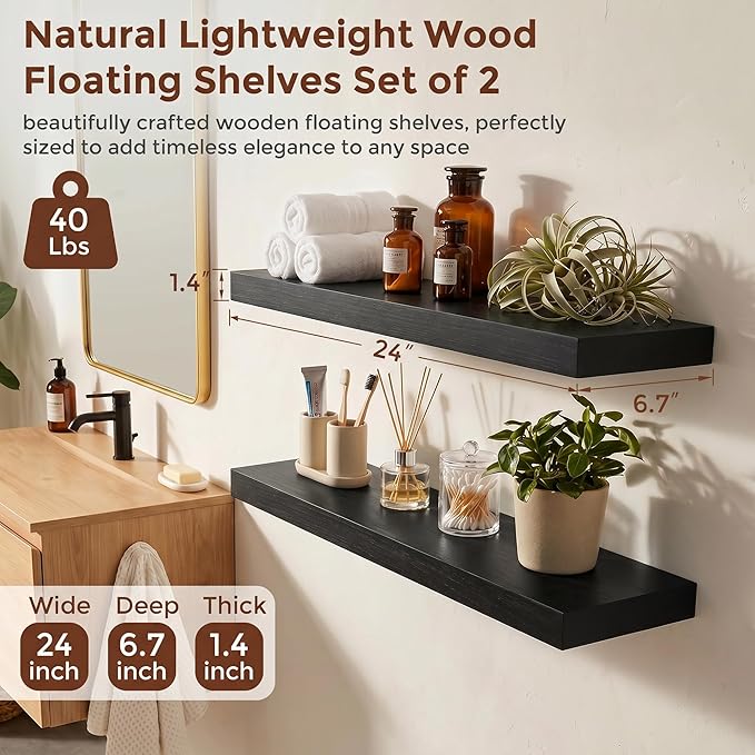 fuqing 24" x 6.7" x 1.4" Black Floating Shelves Set of 2, Rustic Black Wood Shelves for Living Room Bathroom, Hardware Included, 40 Lbs, Invisible Brackets
