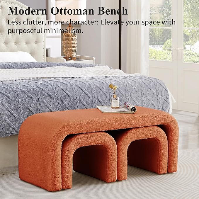 3-Piece Modern Ottoman Bench Set, 44" Wide Teddy Upholstered End of Bed Bench with 2 Foot Stools, Padded U-Shaped Entry Bench Vanity Stool for Living Room Bedroom (Orange)