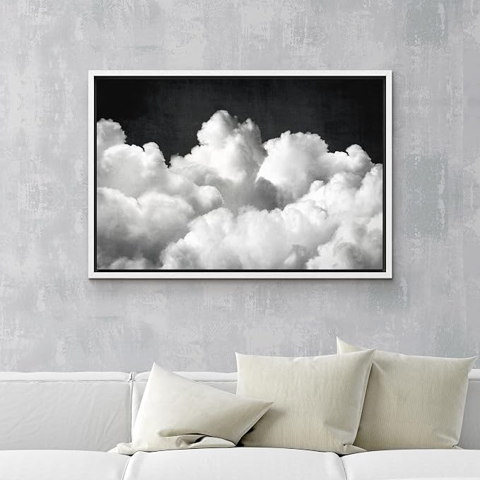 MUDECOR Framed Canvas Print Wall Art Black & White Cloud Bold Contrast Illustrations Digital Art Decorative Bohemian Contemporary for Bedroom - 24"x36" White