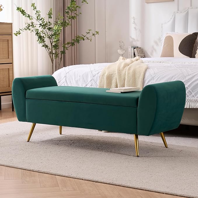 Storage Bench for Bedroom, 55" Extra Long Bench for King Size Bed, Modern Upholstered End of Bed Ottoman Bench with Arms for Entryway Living Room (Velvet, Green)
