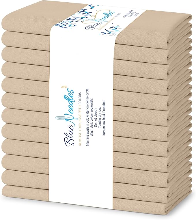 Blue Needles Solid Cloth Napkins Set of 12 Beige 100% Cotton Dinner Napkins 18x18 inches - Spring Summer Easter - Soft, Reusable, Absorbent & Washable Linen, Ideal for Events Parties & Everyday Use