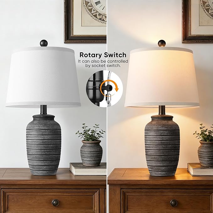 QiMH Farmhouse Lamps for Living Room, 21" Bedside Lamps Set of 2 with Linen Lampshade, Rustic Ceramic Table Lamp for Bedroom, End Table, Nightstand, Dining, Office, Home Decor, Black(Bulb Included)