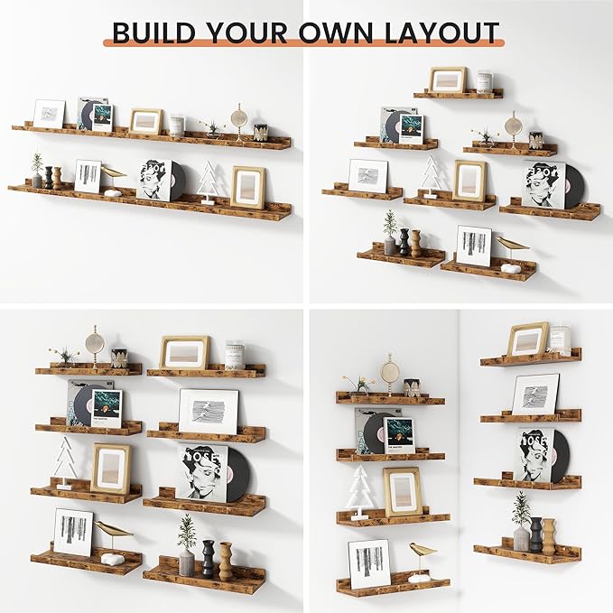 Floating Picture Ledge Shelves Set of 8, 16 Inch Solid Wood Wall Shelves with Lip, Large Nursery Book Shelf for Toys Storage, Kids Bookshelf, Living Room, Bedroom Decor Frames