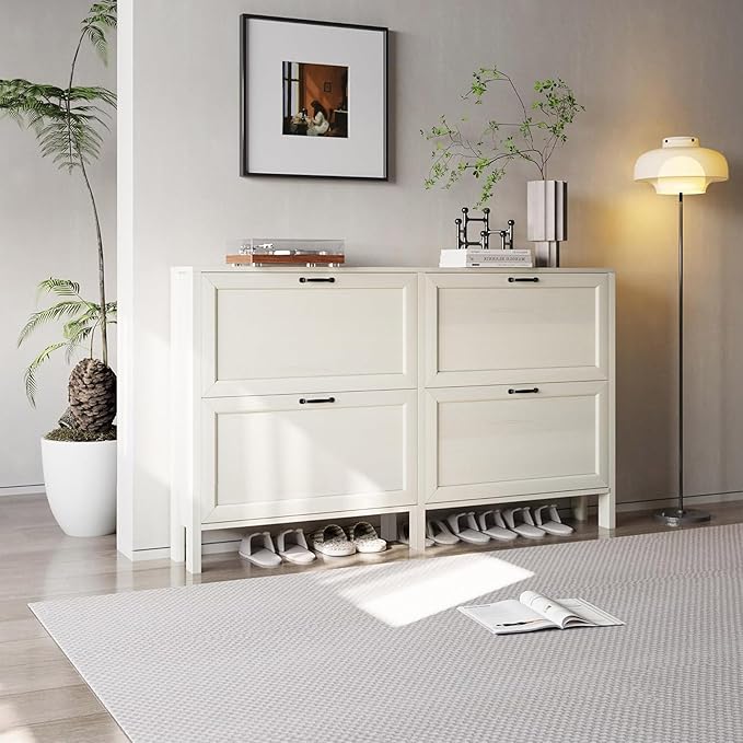 LOUVIXA Shoe Cabinet with 4 Flip Drawers, Narrow Shoe Storage Cabinet, Freestanding Shoe Cabinet Organizer, Hidden Shoe Rack Cabinet for Entryway, Hallway (4-Drawers, Off White/4-drawers)