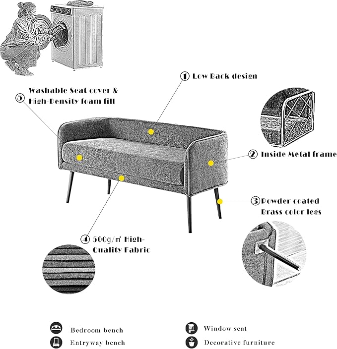 Bedroom Bench with Low Back,Inside Metal Frame, Extra Seat for Living Room,Entryway or Dinning Bench (Yellow) …