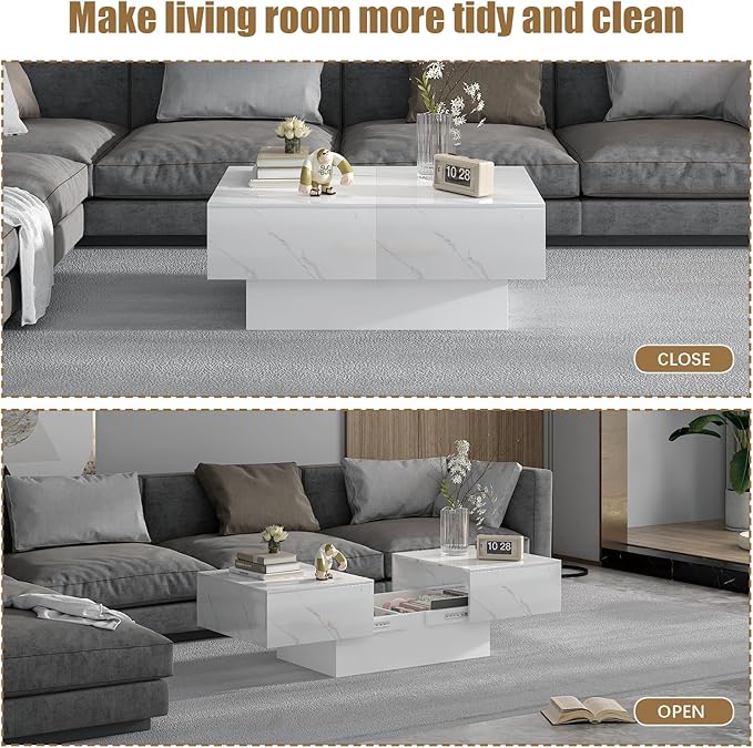 Marble Modern Coffee Table with Storage for Living Room, Living Room Table Rectangular Center Tables, Sliding Top with Hidden Storage, Wooden Cocktail Table for Dining Reception Room