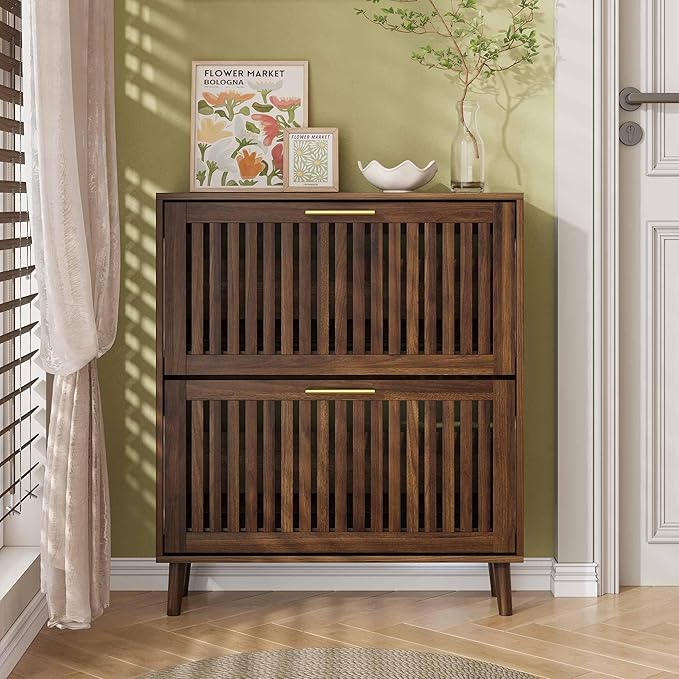 Shoe Cabinet for Entryway, Slim Wooden Shoe Storage Cabinet with 2 Flip Louvered Drawers, Freestanding Shoe Rack Organizer Cabinet for Hallway, Living Room, Walnut (31.5''W)