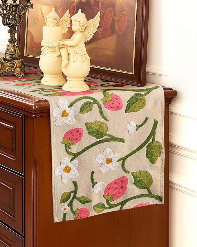 Canvas Embroidered Table Runner - 13"x 108" Narrow Coffee Table Runner for Living Dining Room Cute Tablerunner Washable Kitchen Island Decor Housewarming Gift, Pink Strawberry