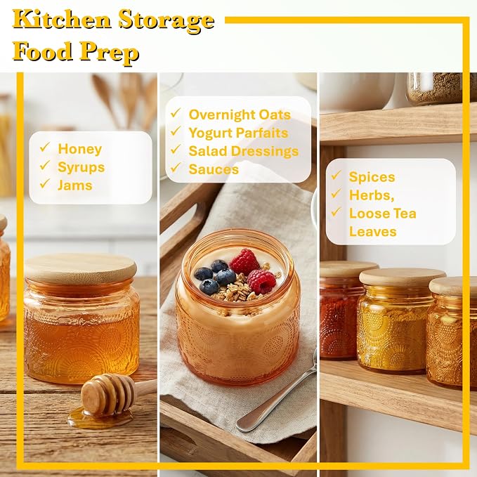 4 oz Amber Mini Glass Jars with Airtight Bamboo Lids 6 pack, Decorative Small Food Storage Canister, Vintage Embossed Home Decor Candle Parties Wedding Baby Shower Favors Gift