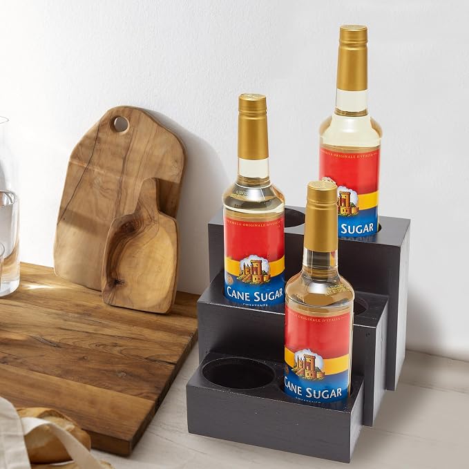 Black Wood Coffee Syrup Rack Organizer, 3 Tier Syrup Bottle Holder for Coffee Bar, 6 Bottles(750ml) Storage Stand for Syrup, Wine, Dressing for Kitchen Coffee Station(3 Separate Pieces)
